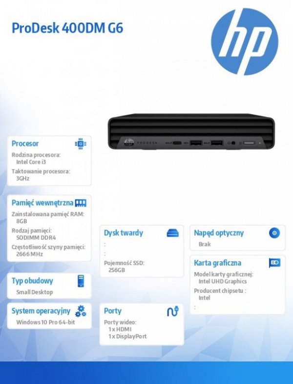 HP Inc. Komputer ProDesk 400DM G6 i3-10100T 256/8G/W10P      1C6Z0EA
