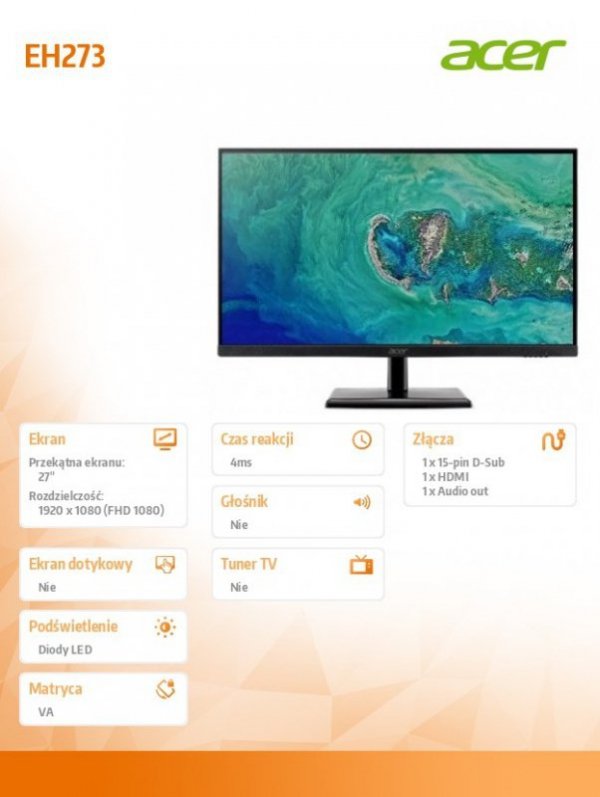 Acer Monitor 27 cali EH273  Full HD 75Hz, VA, 4ms, 250Lm