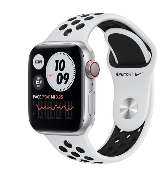Apple Zegarek Nike Series 6 GPS, 44mm koperta z aluminium w kolorze srebrnym z paskiem sportowym  czysta platyna/czarny Nike - R
