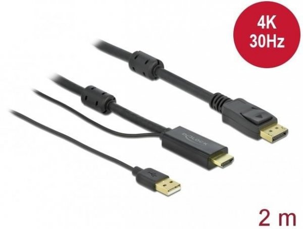 Delock Kabel  HDMI(M) -&gt; DISPLAYPORT(M) 4K 2M ZASILANY USB A(M) czarny