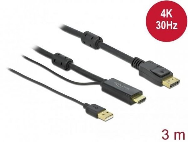 Delock Kabel HDMI(M)-Displayport (M)4K  3M USB A(M) 85965