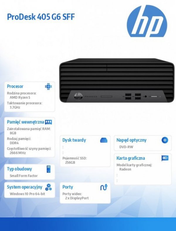 HP Inc. Komputer 405 SFF G6 R5-3400 256/8GB/DVD/W10P 293V8EA