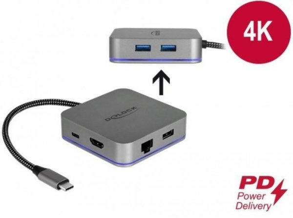 Delock Replikator portów USB-C(M)-&gt;HDMI, LAN 1GB, 2XUSB 3.0, PD 3.0, USB-C, LED, MIKRO