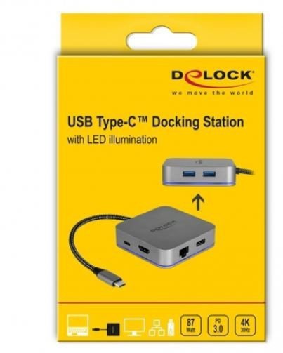Delock Replikator portów USB-C(M)-&gt;HDMI, LAN 1GB, 2XUSB 3.0, PD 3.0, USB-C, LED, MIKRO