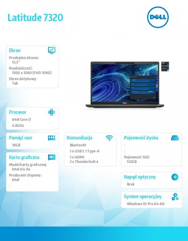 Dell Latitude 7320 Win10Pro i7-1185G7/512GB/16GB/Intel Iris XE/13.3&quot;FHD/Touch/KB-Backlit/4Cell/3Y PS