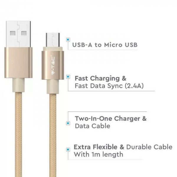 V-tac Kabel USB M - microUSB 1M 2.4A