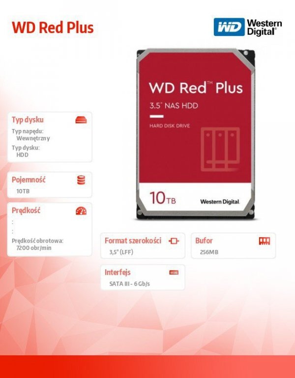 Western Digital Dysk HDD Red Plus 10TB 3,5&#039;&#039; CMR 256MB/7200RPM Class