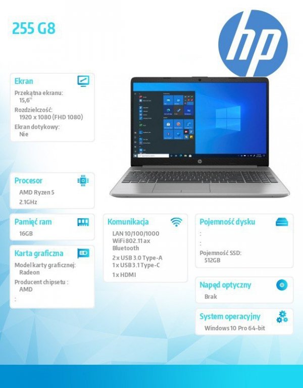 HP Inc. Notebook 255 G8 R5-5500U 512/16/W10P/15,6 3V5J3EA