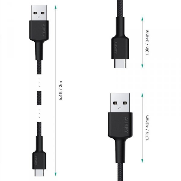 AUKEY CB-CMD29 zestaw 2 szt. nylonowych kabli Quick Charge USB C-USB 3.1 | AFC | 2m | 3A | 60W PD | 20V