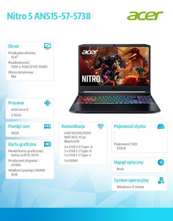 Acer Notebook Nitro 5 AN515-57-705L    WIN11H/i7-11800H/16G/512G/RTX3070/15.6&#039;&#039;