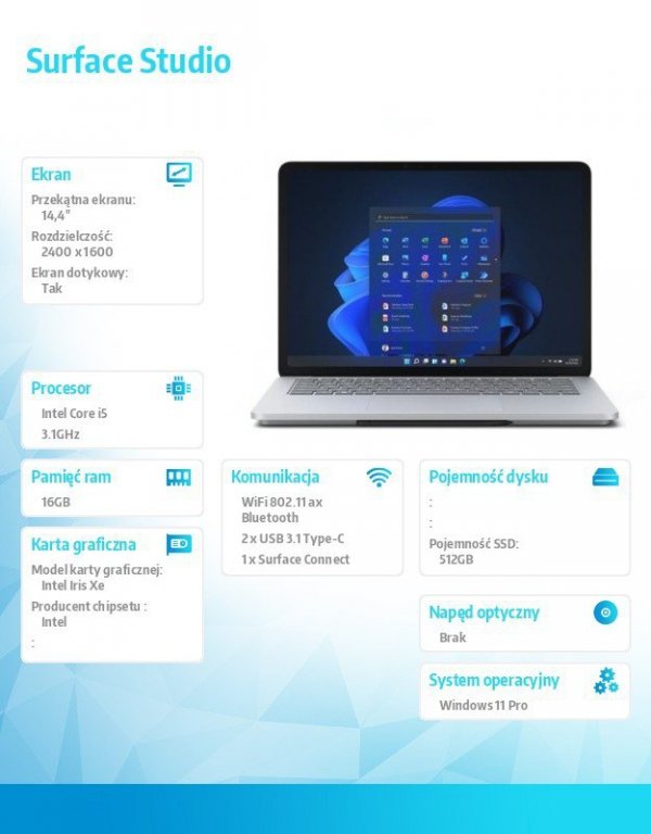 Microsoft Surface Laptop Studio Win11Pro i5-11300H/16GB/512GB/Iris/14.4 cala Commercial Platinum 9Y1-00009