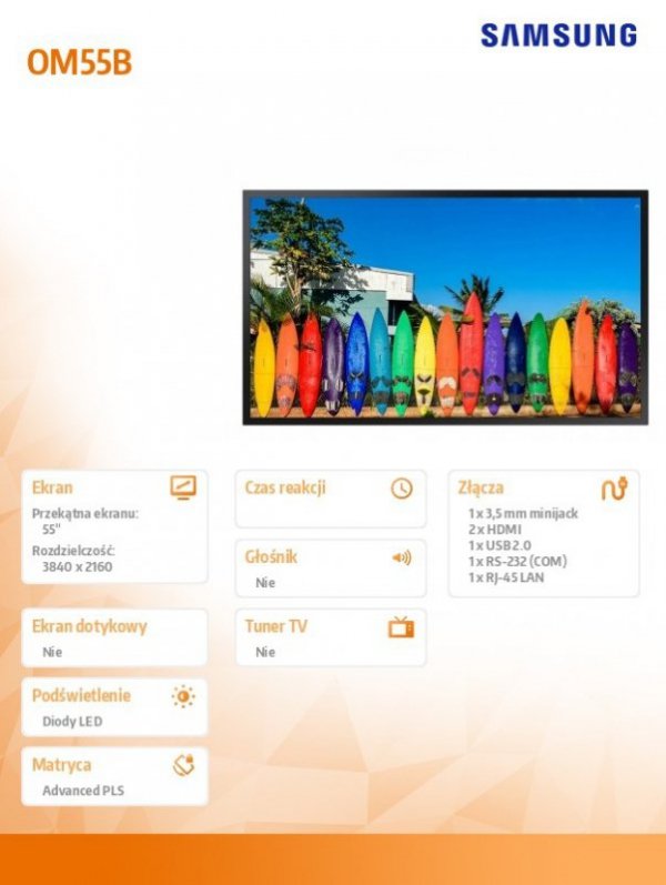 Samsung Monitor profesjonalny OM55B 55 cali Błyszczący 24h/7 3000(cd/m2) 3840x2160 (UHD) S7 Player (Tizen 5.0) Wi-Fi 3 lata On-S