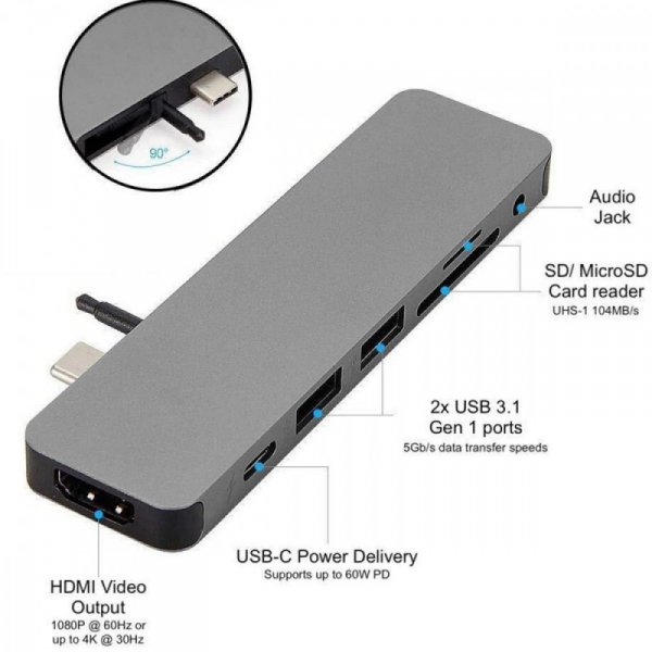 HyperDrive Stacja dokująca Hyper SOLO 7-in-1 USB-C HUB/4k HDMI/USB-A/MicroSD/AudioJack Szara