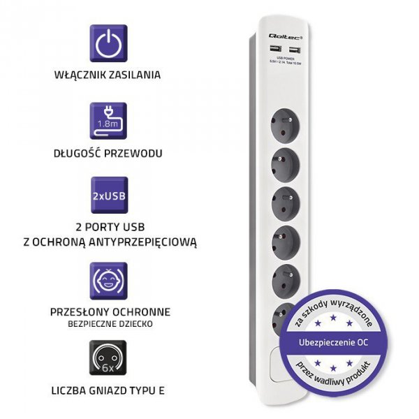 Qoltec Listwa antyprzepięciowa | 6 gniazd | 2 x USB | 1.8 m | Biało -   szara