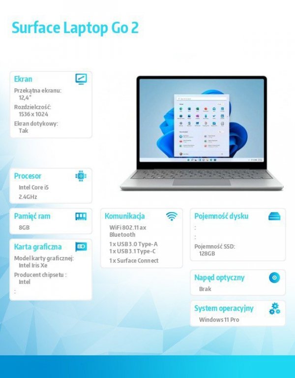 Microsoft Notebook Surface Laptop GO 2 Win11Pro i5-1135G7/8GB/128GB/INT/12.4&#039; Commercial Platinum 8QD-00031