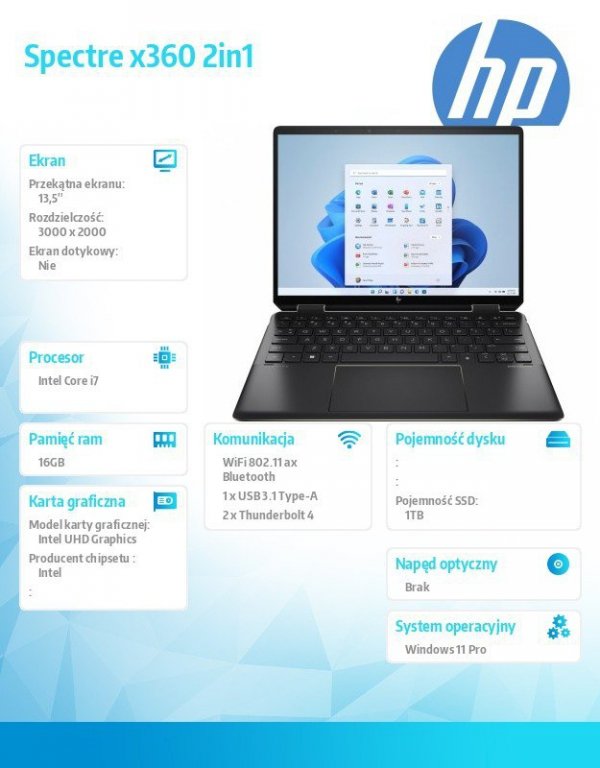 HP Inc. Notebook Spectre x360 2in1 14-ef0124nw W11H/13.5/i7-1255U/1TB/16GB  712L5EA