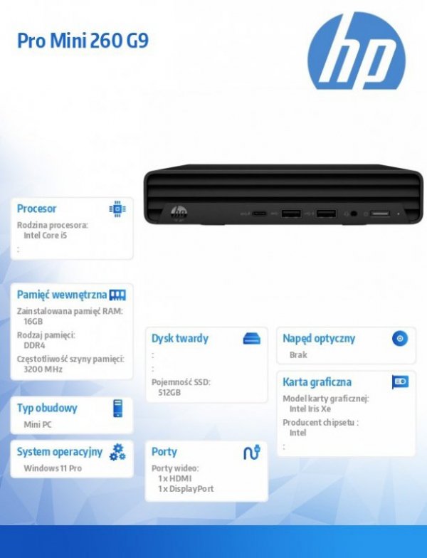 HP Inc. Komputer Pro Mini 260 DM G9 i5-1235U 512GB/16GB/W11P 6B2H8EA