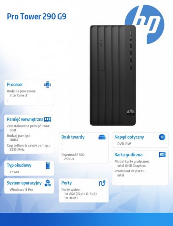 HP Inc. Komputer Pro 290 TWR G9 i3-12100 256GB/8GB/DVD/W11P  6D328EA