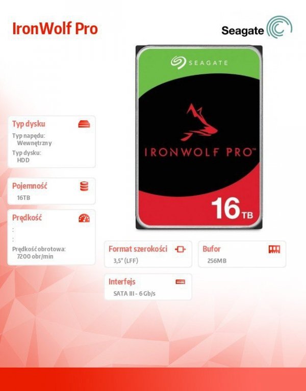 Seagate Dysk IronWolfPro 16TB  3.5&#039;&#039; 256MB ST16000NT001