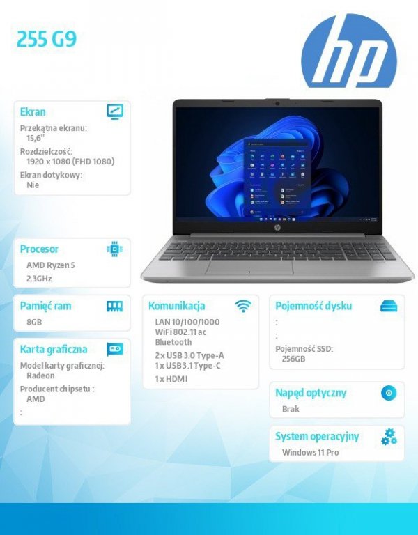 HP Inc. Notebook 255 G9 R5-5625U 256GB/8GB/W11P/15.6 6S7A5EA