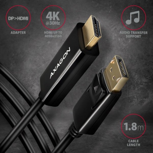 AXAGON RVD-HI14C2 Adapter aktywny DisplayPort -&gt; HDMI 1.4, 4K/30Hz, kabel 1,8m