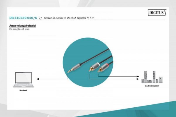 Digitus Kabel adapter audio MiniJack/Cinch Stereo Typ 3.5mm/2xRCA M/M nylon 1m