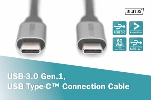 Digitus Kabel połączeniowy USB 3.0 60W/5Gbps Typ USB C/USB C M/M 0,5m Czarny