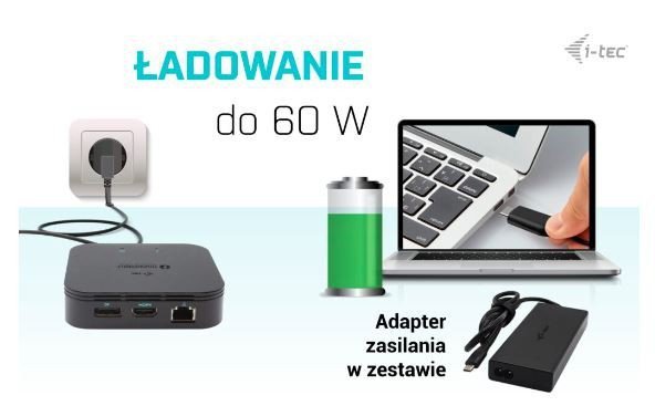 i-tec Stacja dokująca Thunderbolt 3 Travel Dock Dual 4K Display Power Delivery  60W + i-tec Universal Charger 77 W