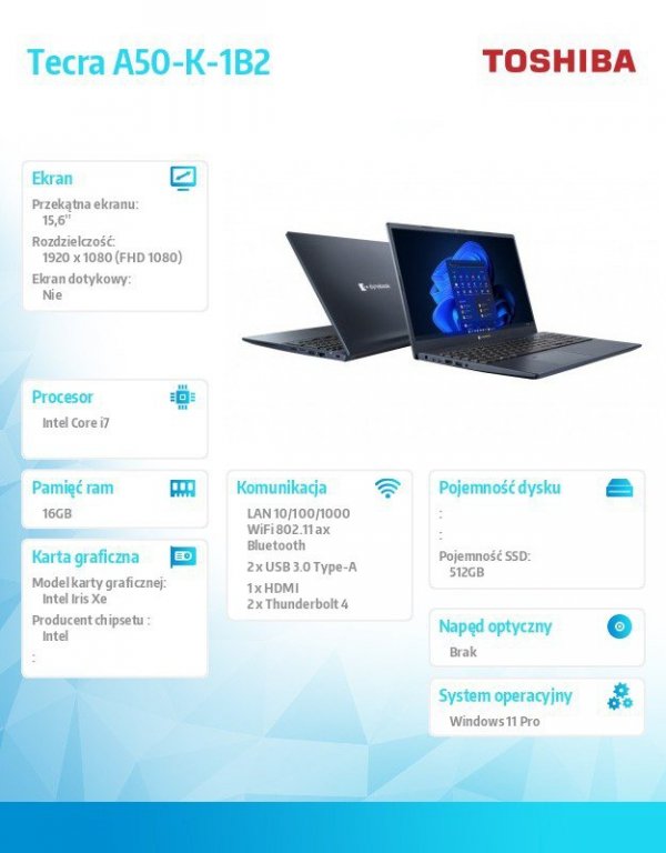 Toshiba Notebook Dynabook A50-K-1B2 W11PRO i7-1260P/16GB/512GB/Integrated/1Y EMEA