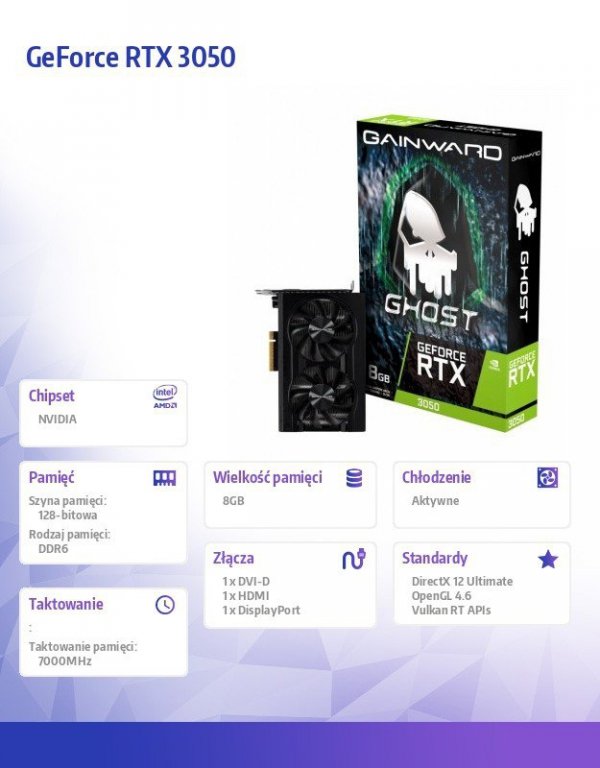 Gainward Karta graficzna GeForce RTX 3050 Ghost 8GB GDDR 6 128bit DP/HDMI (GA107)