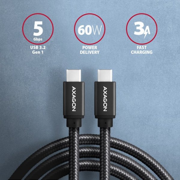 AXAGON BUCM3-CM15AB Kabel USB-C - USB-C, 1.5m, PD 60W, 3A, ALU, oplot Czarny