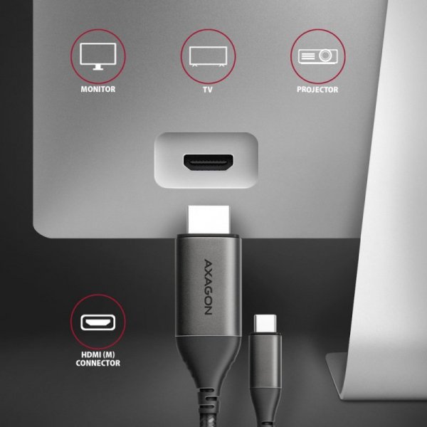 AXAGON RVC-HI2MC Adapter aktywny USB-C -&gt; HDMI 2.0 4K/60Hz Aluminum, 1.8m kabel