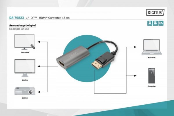 Digitus Kabel adapter DisplayPort z zatrzaskiem 8K 60Hz UHD Typ DP/HDMI A M/Ż 15cm