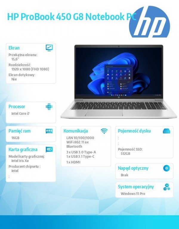 HP Inc. Notebook ProBook 450 G9  i7-1255U/512GB/16GB/W11P/15.6 8A5L7EA