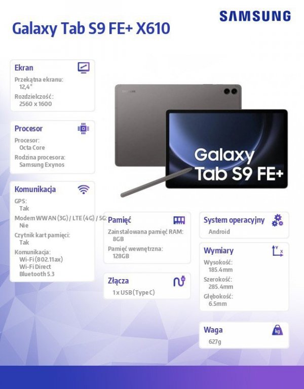 Samsung Tablet Galaxy Tab S9 FE+ X610 12.4 cala Wifi 8/128 GB Gray