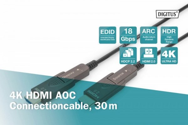 Digitus Kabel hybrydowy AOC HDMI 2.0 Premium High Speed Ethernet 4K60Hz UHD HDMI D/A HDMI D/A M/M z odłączanym wtykiem, 30m, Cza