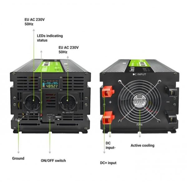 Green Cell Przetwornica LCD 48V 5000W/10000W Czysty sinus z wywietlaczem