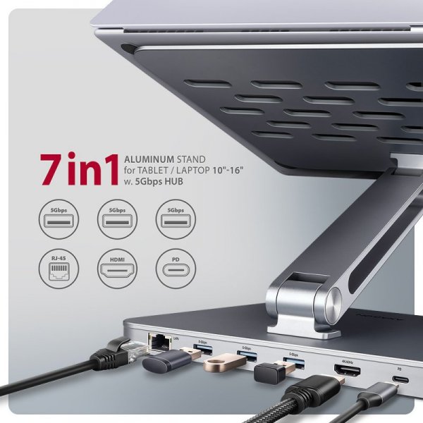 AXAGON HMC-STND Stojak z wieloportowy hub Aluminiowy 7in1, 5Gbps, do 10&quot;-16&quot; cali laptopów, nastawny, 3x USB-A, HDMI 4
