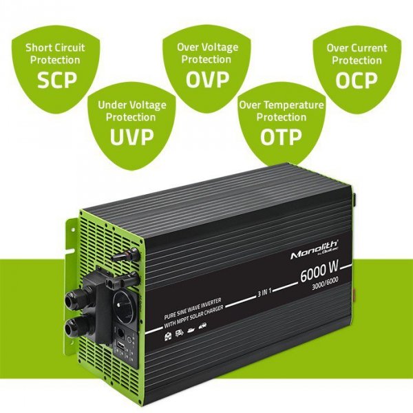 Qoltec Przetwornica solarna 3w1 z funkcją ładowania AC | MPPT | UPS |   ATS | 3000W | 6000W | 12V na 230V | Czysty Sinus