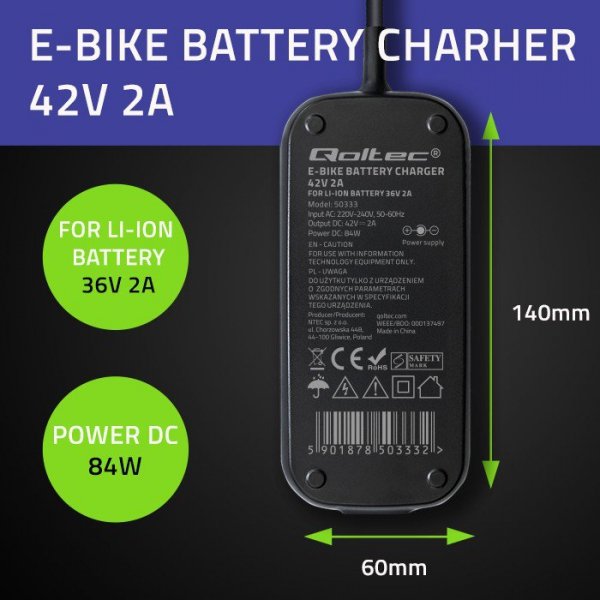 Qoltec Ładowarka do roweru skutera elektrycznego 36V | 42V | 2A | 5.5*2.5 + wodoodporna + kabel zasilający
