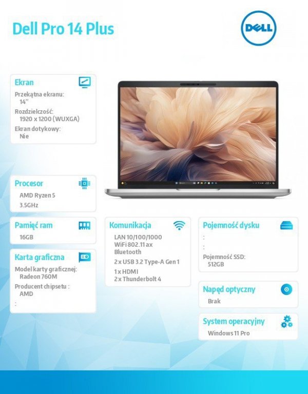Dell Laptop Dell Pro 14 Plus PB14255/AMD Ryzen 5 PRO 230/16GB/512GB SSD Gen4 CL25/14.0 FHD+/Radeon 760M/FgrPr&SmtCd/FHD/IR Cam/M