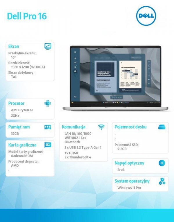Dell Laptop Dell Pro 16 PC16255/AMD Ryzen AI 7 PRO 350/32GB/512GB SSD CL25/16.0 FHD+ Touch/Radeon 860M/FgrPr/FHD/IR Cam/Mic/WLAN