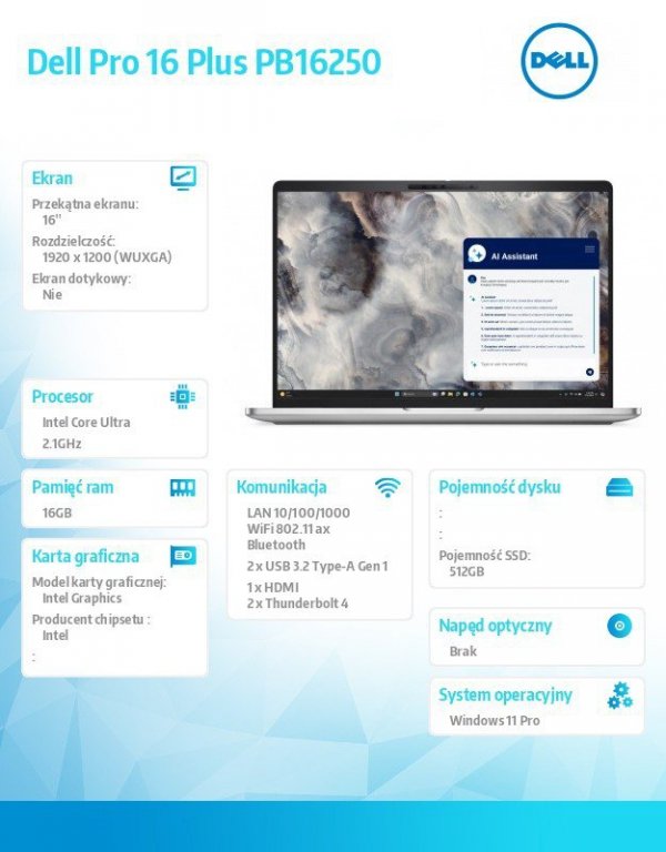 Dell Laptop Dell Pro 16 Plus PB16250 W11P U7 265U/16GB/512GB SSD CL25/16 FHD+/Int/FgrPr&SmtCd/FHD/IRCam/Mic/WWAN Ready+BT/BcklKb