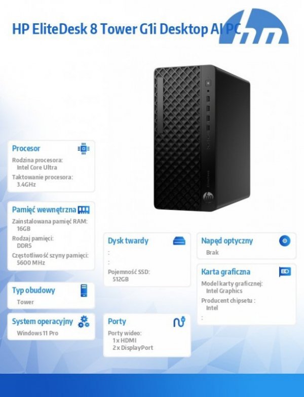 HP Inc. Komputer EliteDesk 8 Tower G1i U5-235 512GB/16GB/W11P      A55S1ET