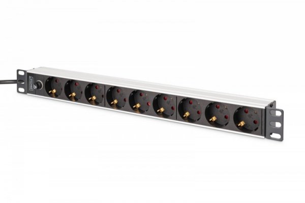 Digitus Listwa zasilająca PDU Rack 19" z bezpiecznikiem przeciążeniowym, 9 gniazd Schuko CEE 7/3 (45°), kabel 2m wtyk IEC C