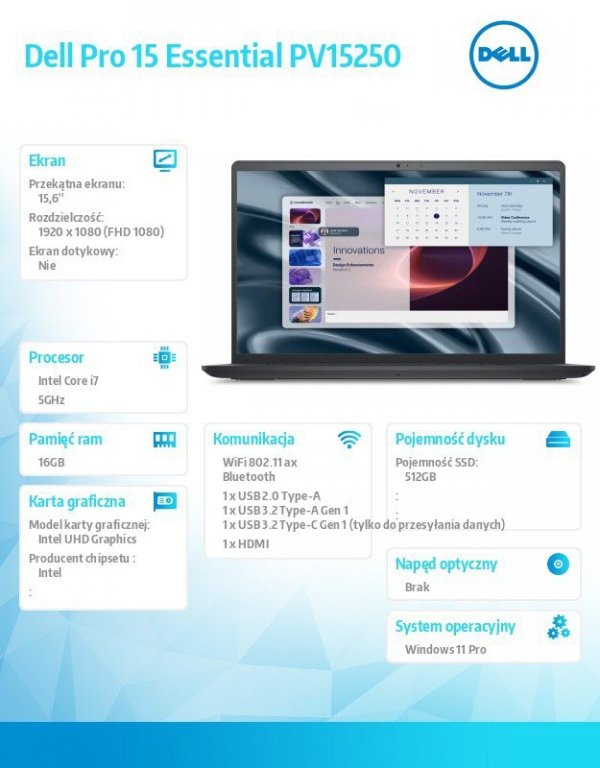 Dell Laptop Dell Pro 15 Essential PV15250 W11P i7-1355U|16GB|512GB|Intel UHD|FgrPr|WLAN+BT|15.6 FHD|BcklKb|4C|65W|3YPS Carbon Bl