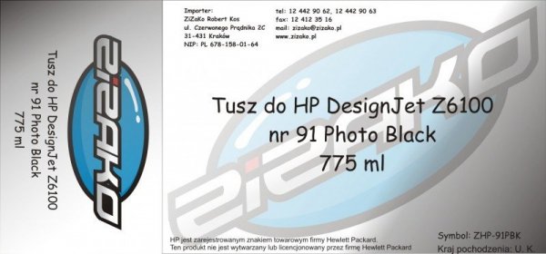 Tusz zamiennik Yvesso nr 91 do HP Designjet Z6100 775 ml Photo Black C9465A