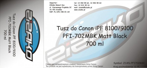 Tusz zamiennik Yvesso PFI-702MB Matte Black 700ml do Canon iPF8100 iPF9100 CF2219B001AA