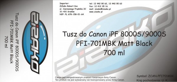 Tusz zamiennik Yvesso PFI-701MB Matte Black 700ml do Canon iPF8000S iPF9000S CF0899B001AA