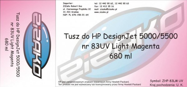 Tusz zamiennik Yvesso nr 83 UV do HP Designjet 5000/5500 680 ml Light Magenta C4945A